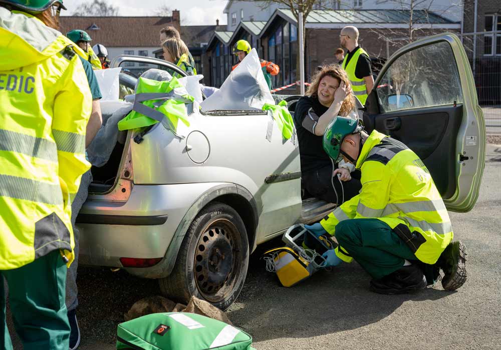 Paramedic Science students during a simulation of a car accident